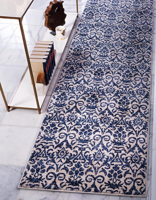 Blue 80cm x 305cm Damask Runner Rug Area Rugs AU Rugs