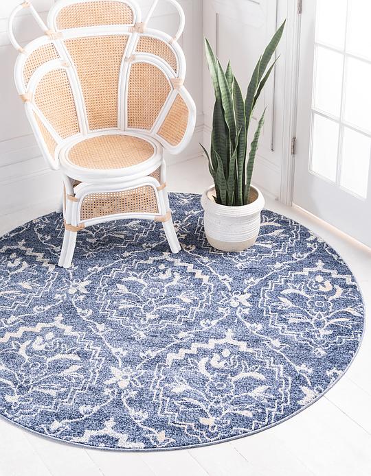 Blue 6' x 6' Damask Round Rug Area Rugs eSaleRugs