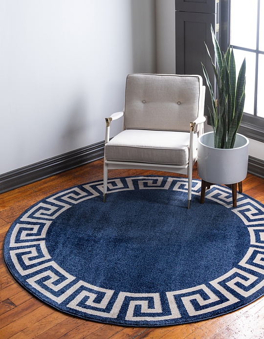 Navy Blue 6' x 6' Greek Key Round Rug Area Rugs eSaleRugs