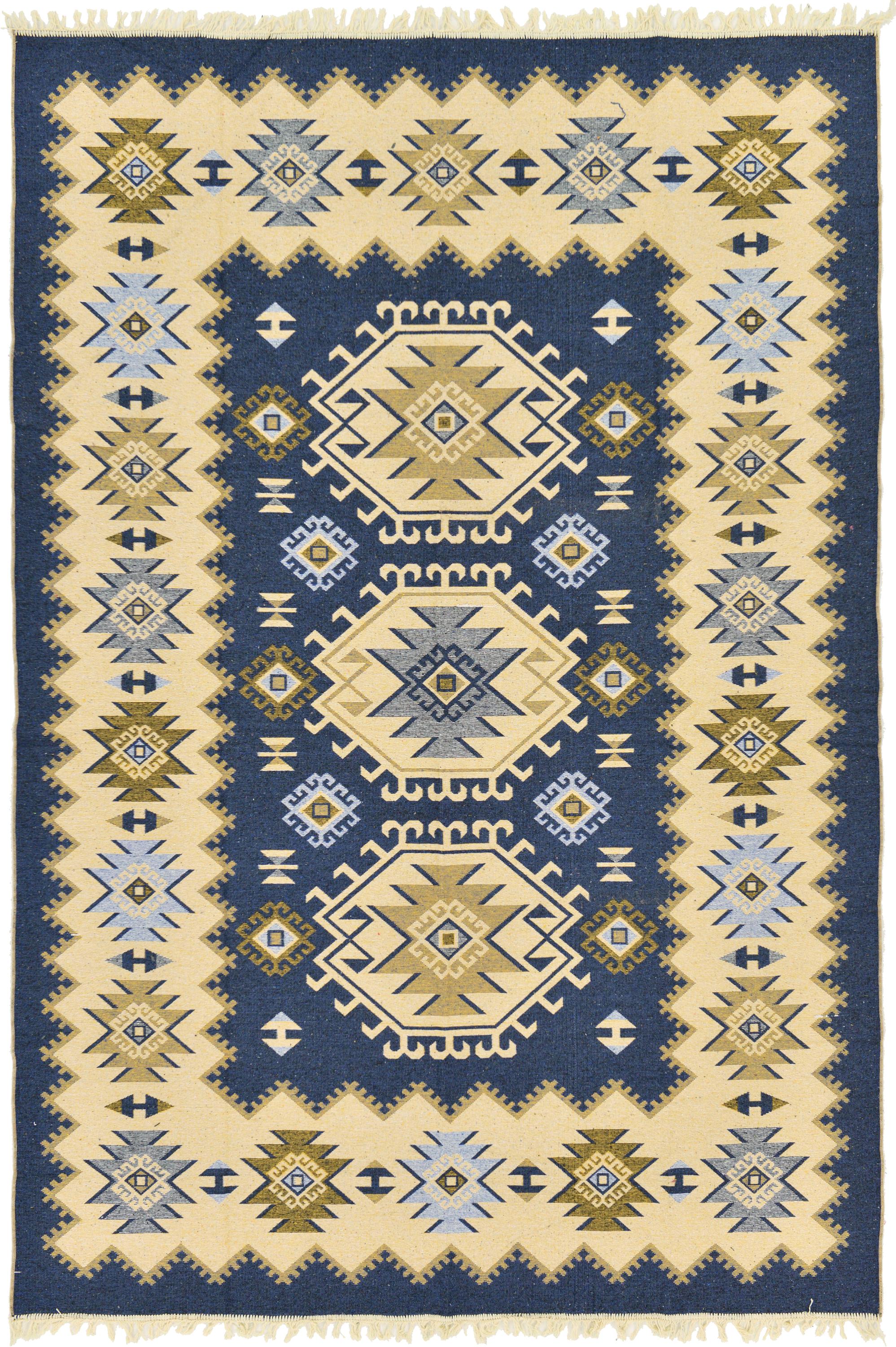 Navy Blue 6' 6 x 9' 7 Kilim Dhurrie Rug iRugs UK