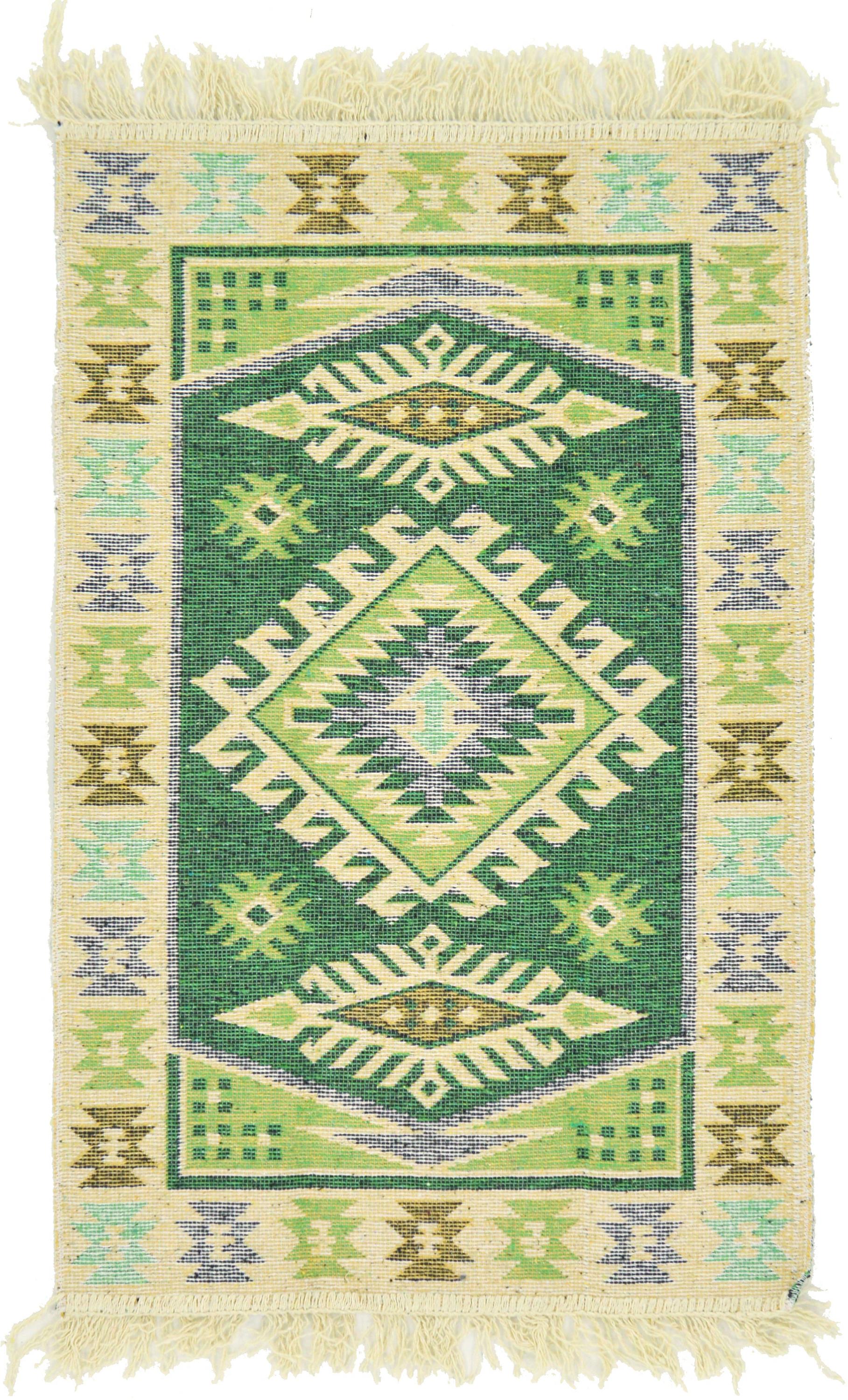 Green 2' x 3' Kilim Dhurrie Rug iRugs UK