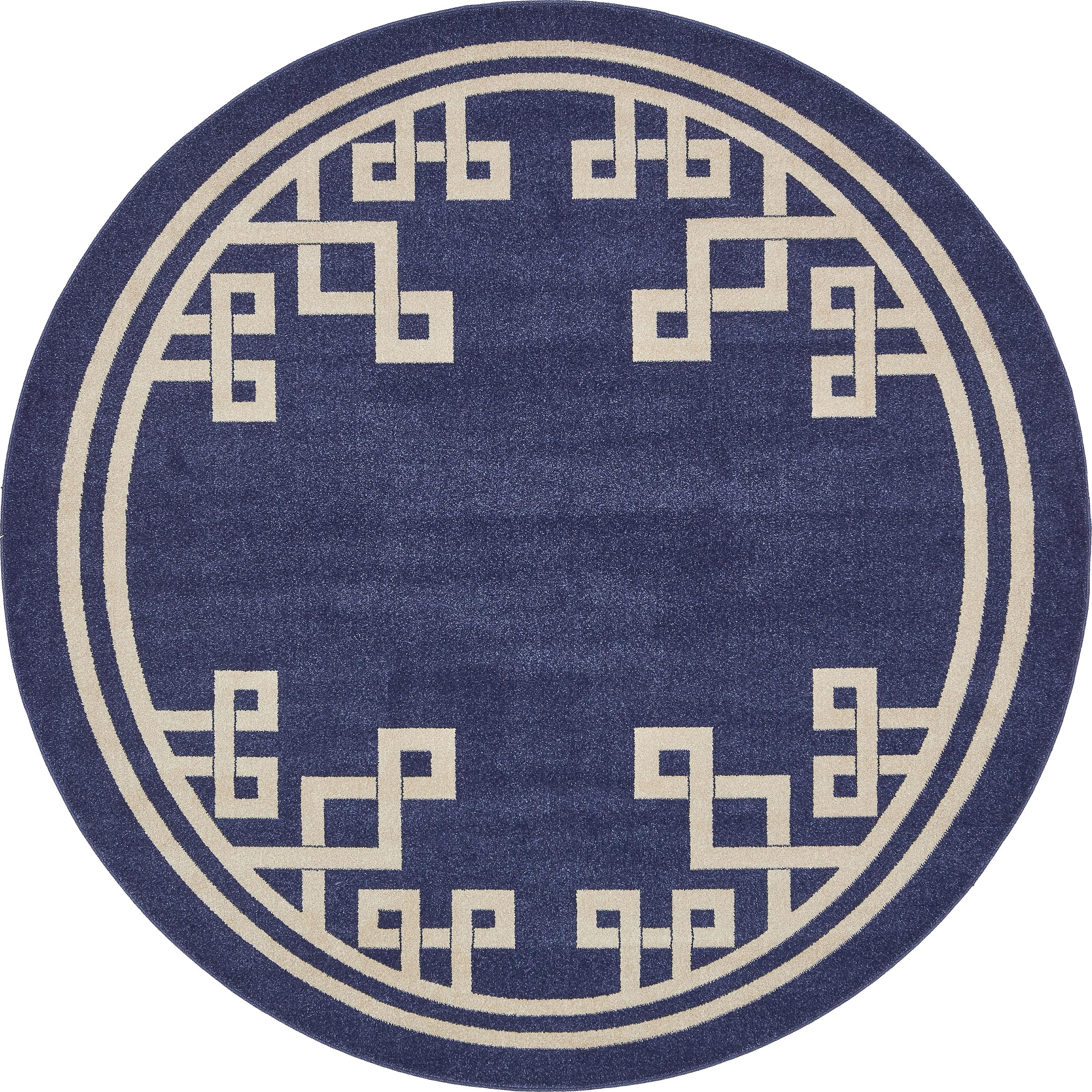 Dark Blue 8' x 8' Greek Key Round Rug eSaleRugs
