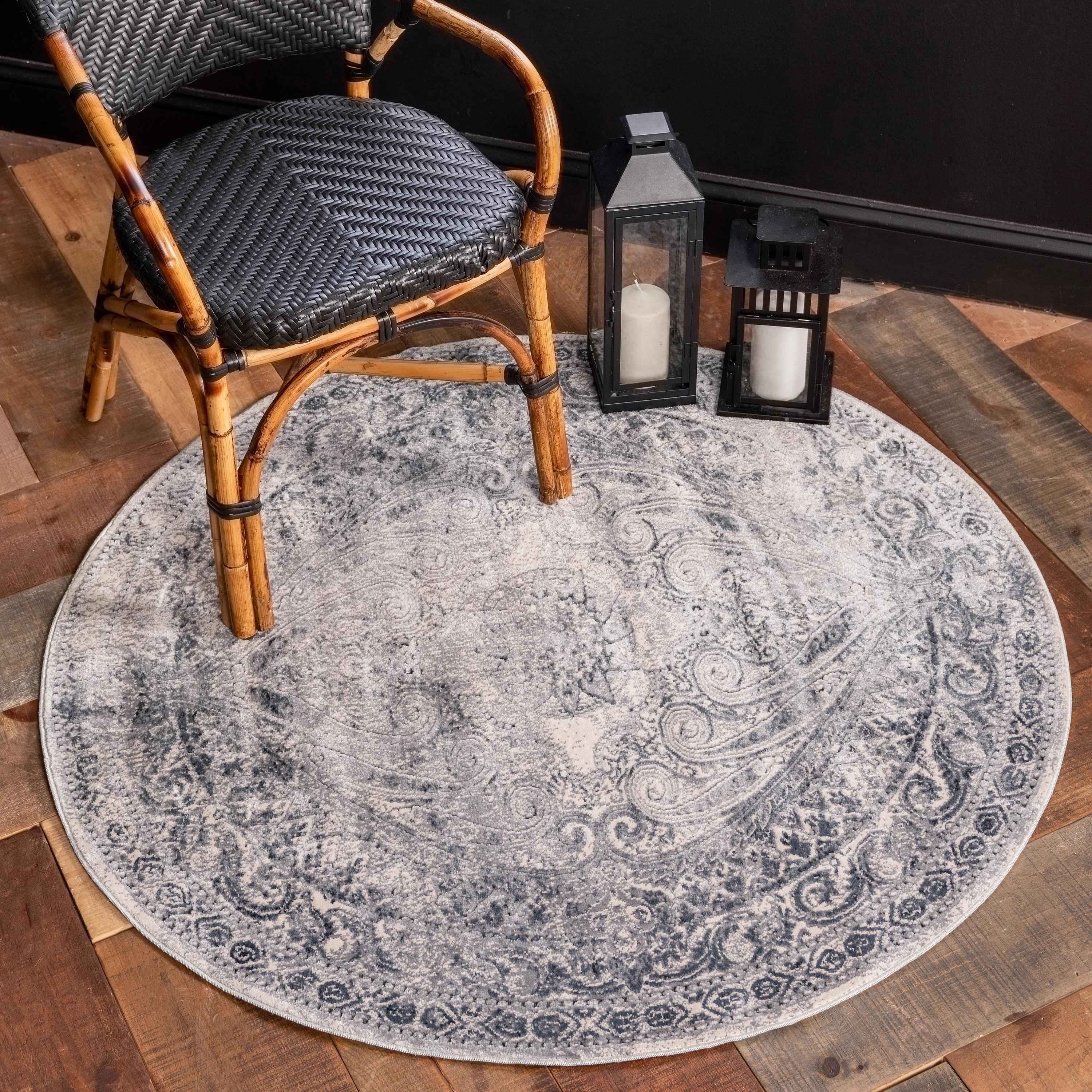 Dark Blue 8' x 8' Villa Round Rug Area Rugs eSaleRugs